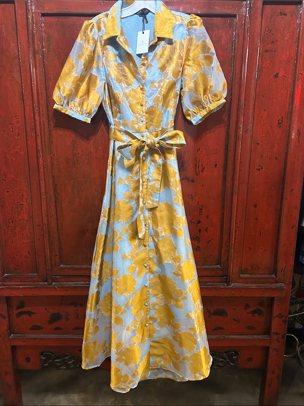 Abbey Glass Charlotte Dress .Gold With Blue Organza Size S